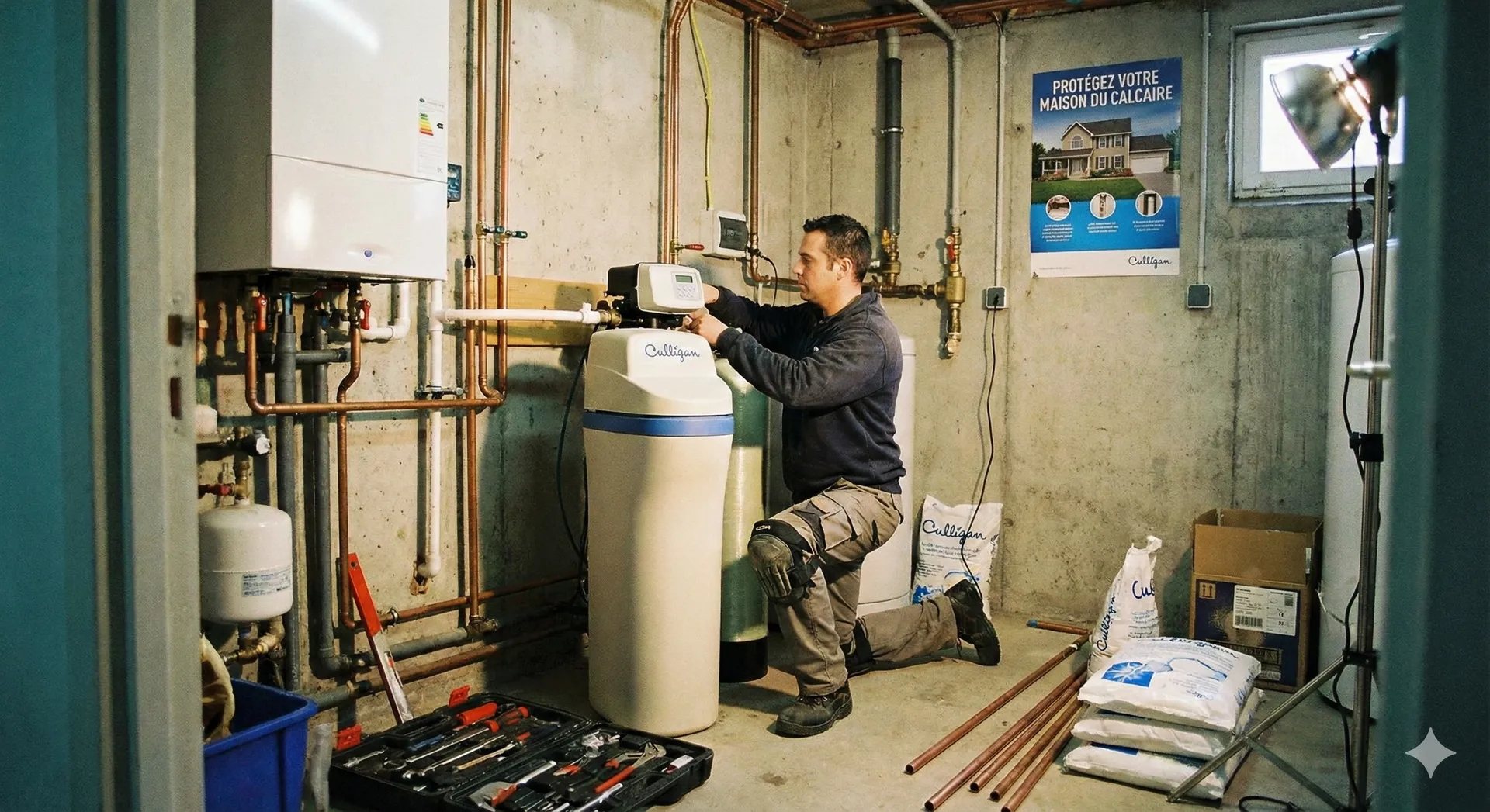Technicien professionnel installant un adoucisseur d'eau en Isère